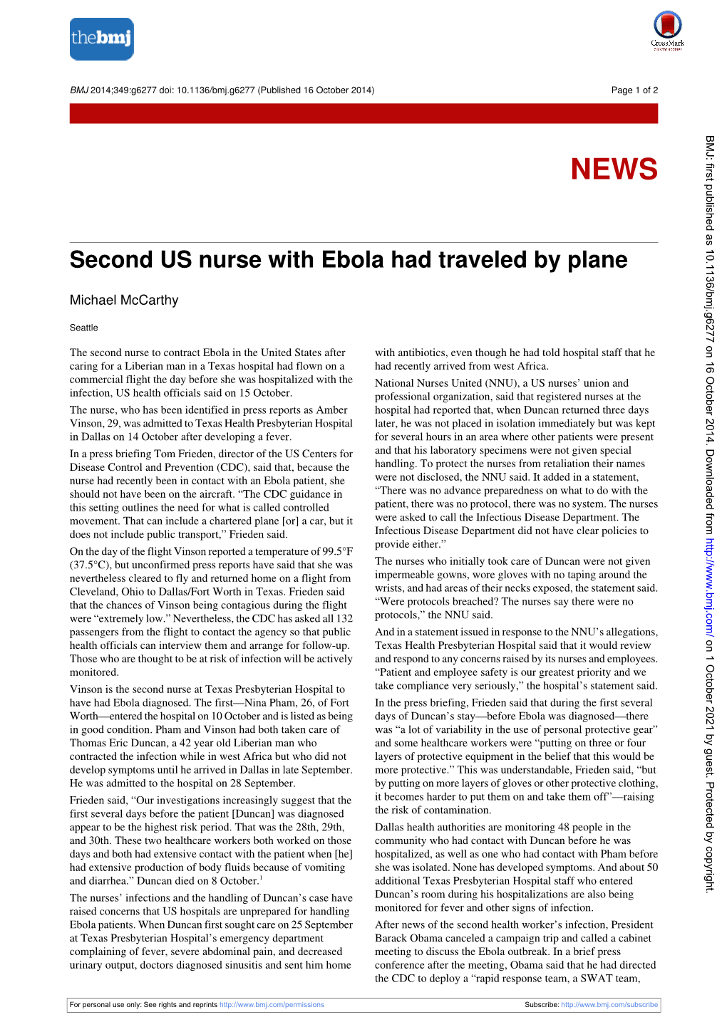 Second US Nurse with Ebola Had Traveled by Plane