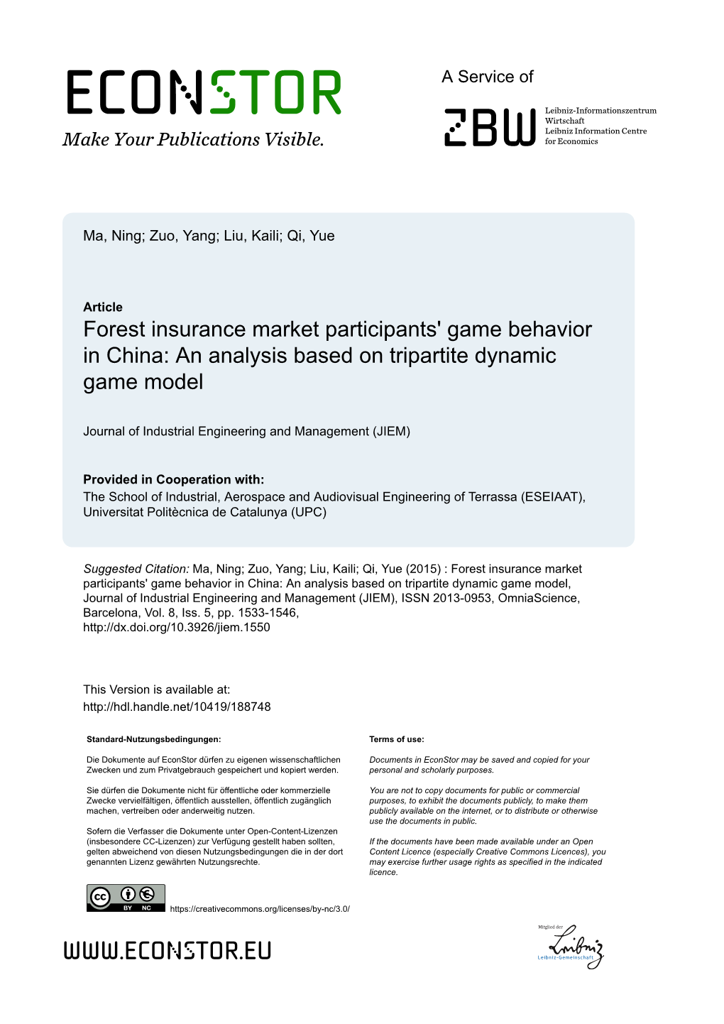 Forest Insurance Market Participants' Game Behavior in China: an Analysis Based on Tripartite Dynamic Game Model