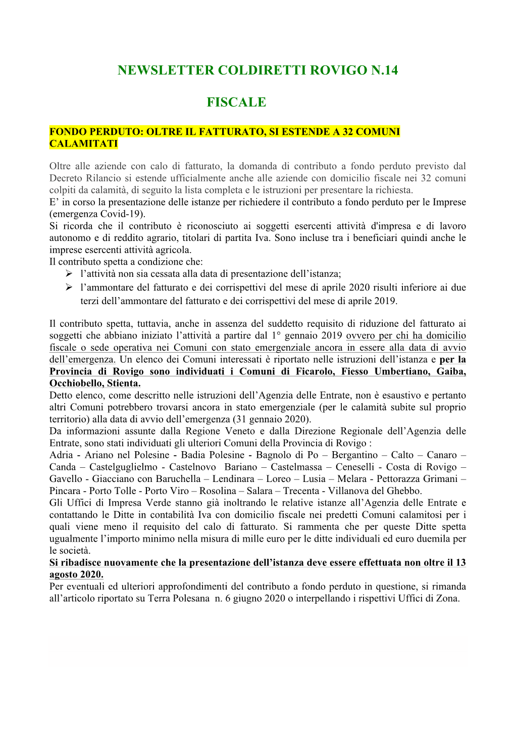 Newsletter Coldiretti Rovigo N.14 Fiscale