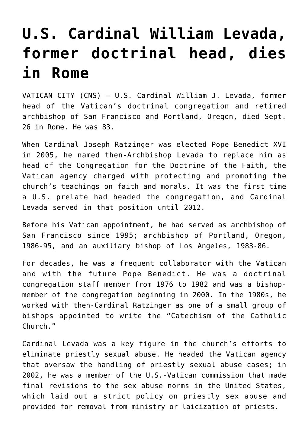 U.S. Cardinal William Levada, Former Doctrinal Head, Dies in Rome