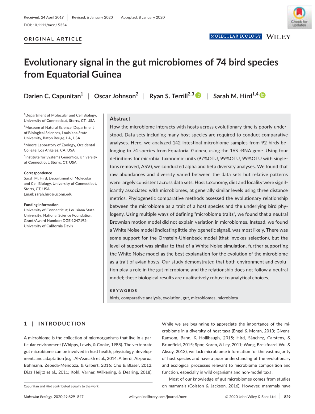 Evolutionary Signal in the Gut Microbiomes of 74 Bird Species from Equatorial Guinea