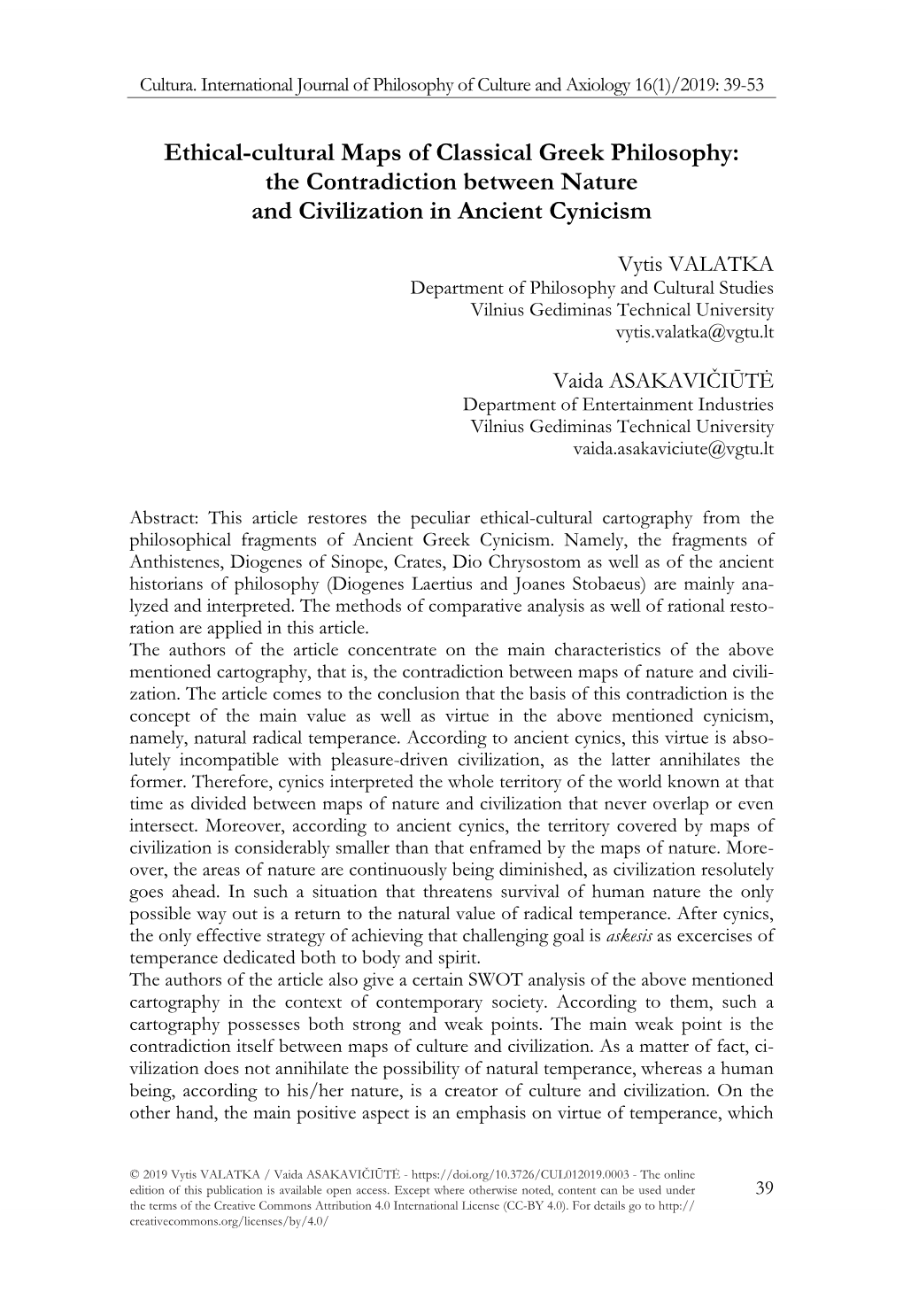 Ethical-Cultural Maps of Classical Greek Philosophy: the Contradiction Between Nature and Civilization in Ancient Cynicism