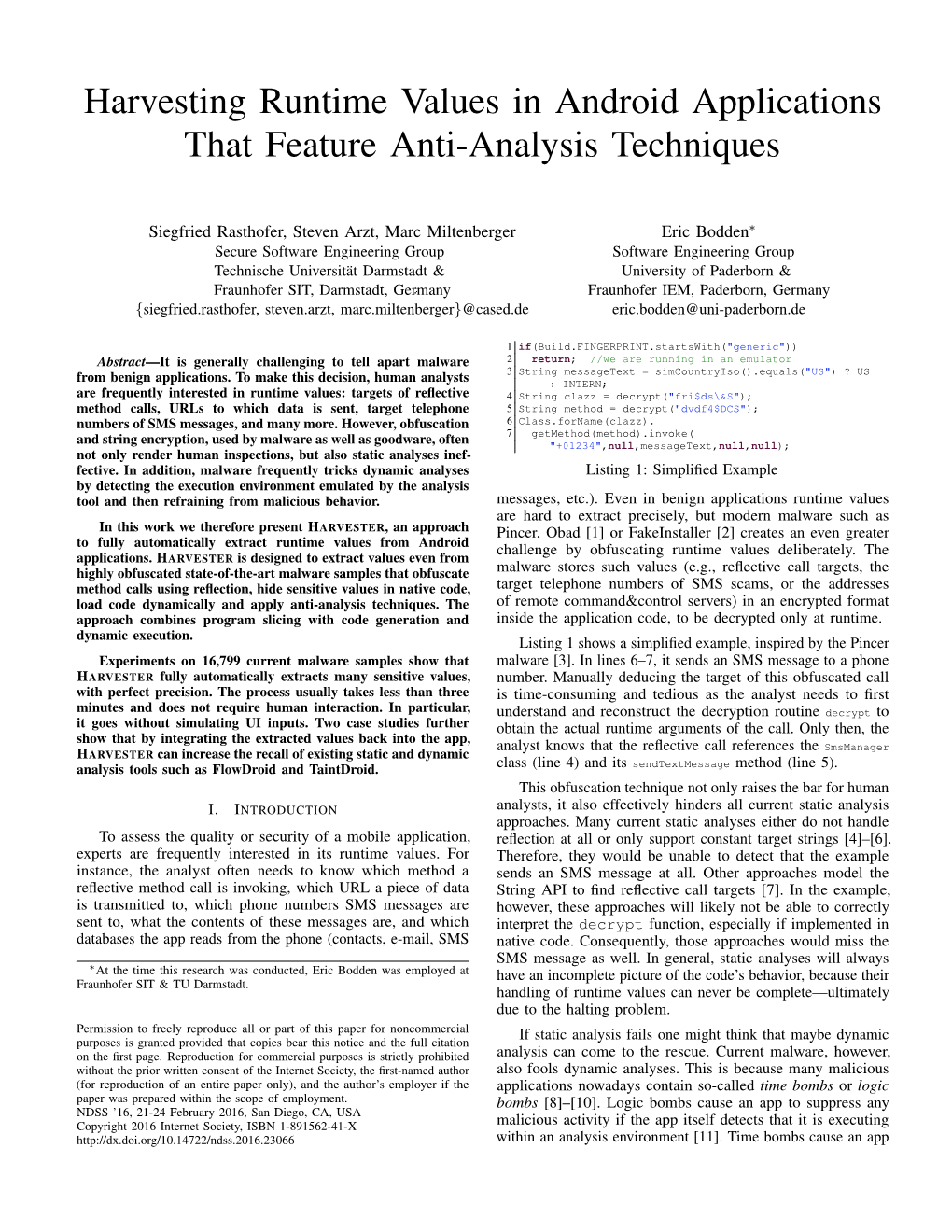 Harvesting Runtime Values in Android Applications That Feature Anti-Analysis Techniques