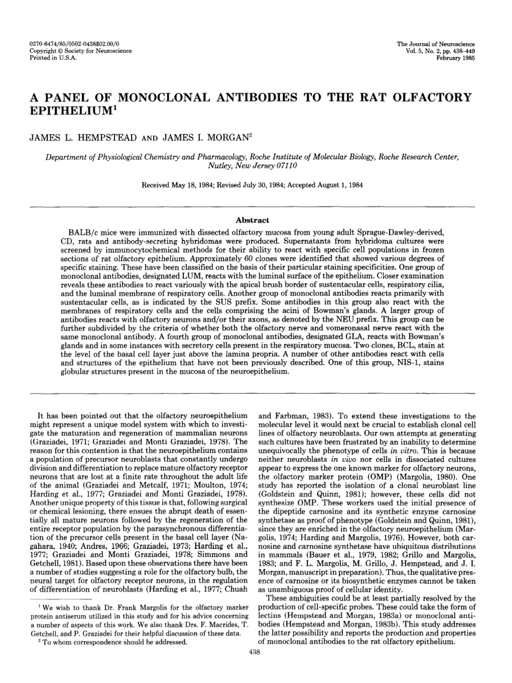 A Panel of Monoclonal Antibodies to the Rat Olfactory Epithelium’