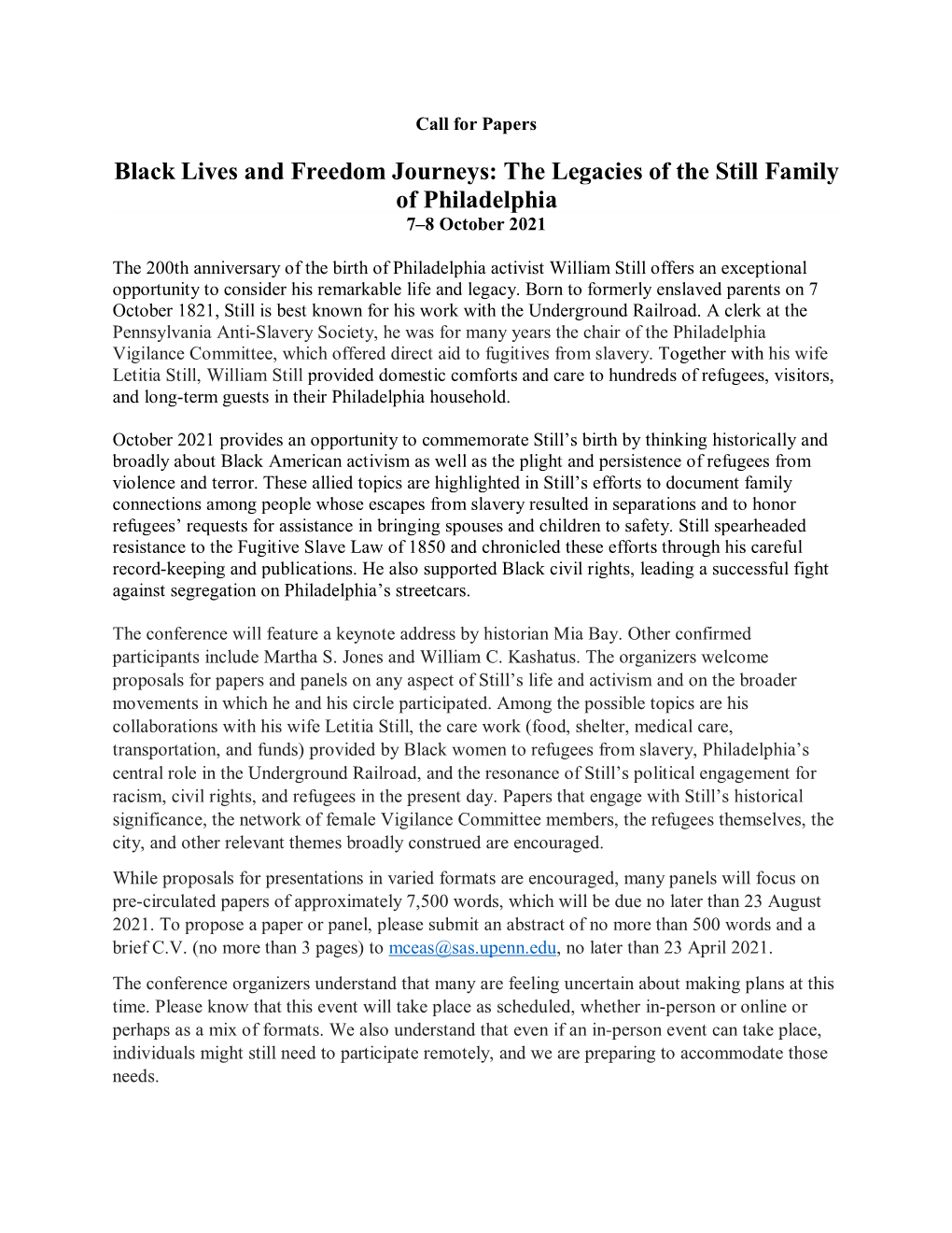 Black Lives and Freedom Journeys: the Legacies of the Still Family of Philadelphia 7–8 October 2021