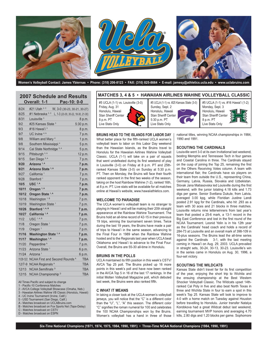 2007 Schedule and Results MATCHES 3, 4 & 5 • HAWAIIAN AIRLINES WAHINE VOLLEYBALL CLASSIC Overall: 1-1 Pac-10: 0-0 #5 UCLA (1-1) Vs