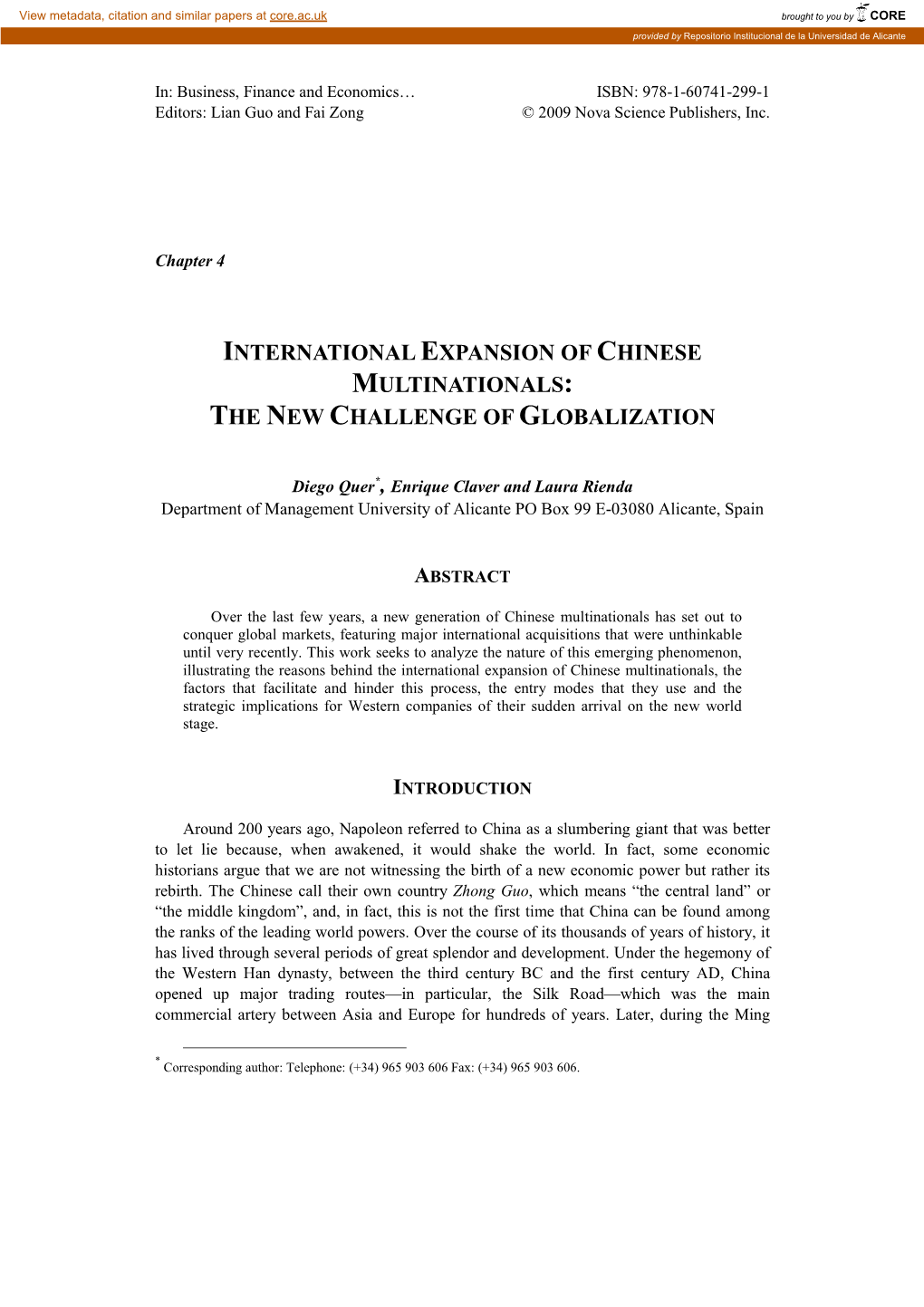 International Expansion of Chinese Multinationals : the New Challenge of Globalization