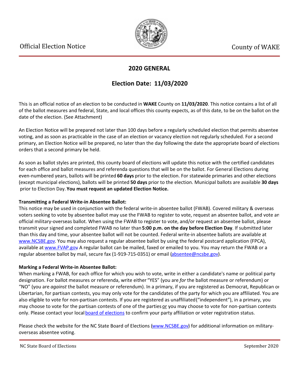 11/03/2020 County of WAKE Official Election Notice
