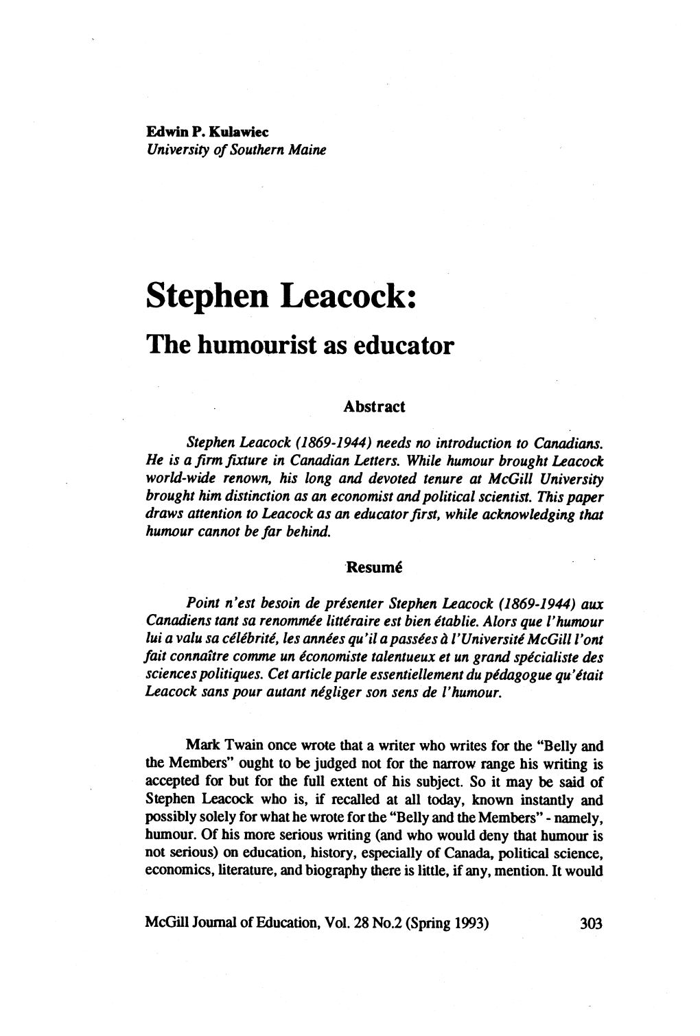 Stephen Leacock: the Humourist As Educator