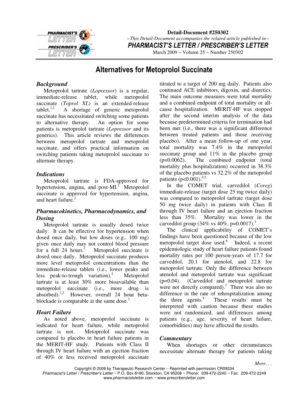 Alternatives for Metoprolol Succinate