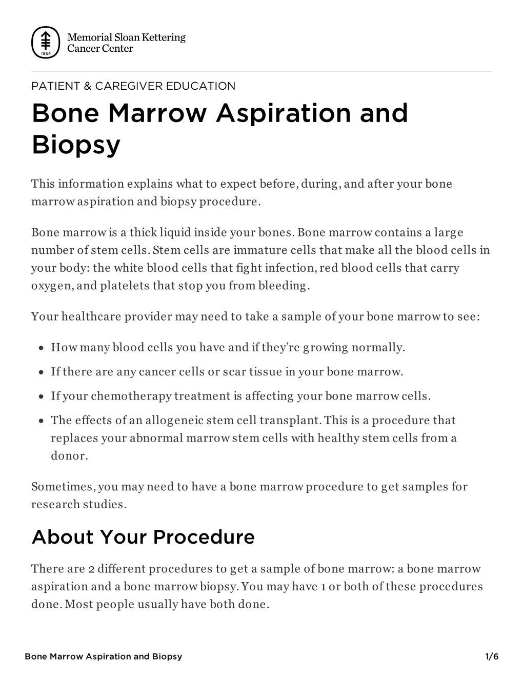 Bone Marrow Aspiration and Biopsy | Memorial Sloan Kettering Cancer Center