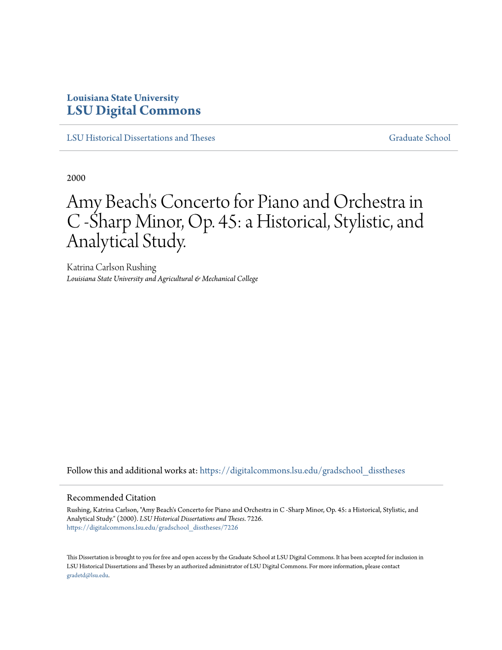 Amy Beach's Concerto for Piano and Orchestra in C -Sharp Minor, Op. 45: a Historical, Stylistic, and Analytical Study