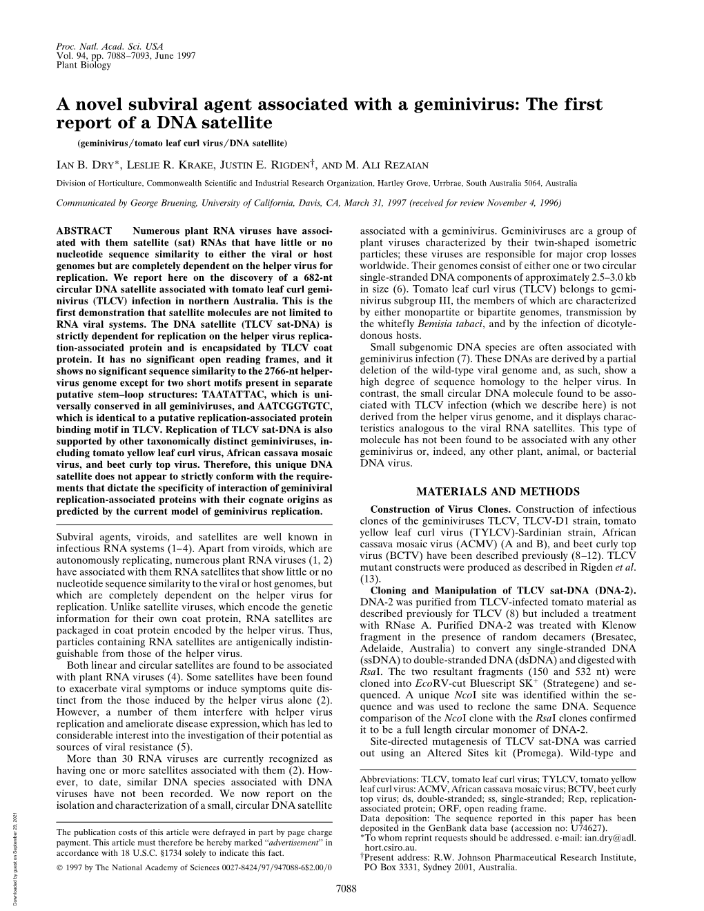 The First Report of a DNA Satellite (Geminivirus͞tomato Leaf Curl Virus͞dna Satellite)