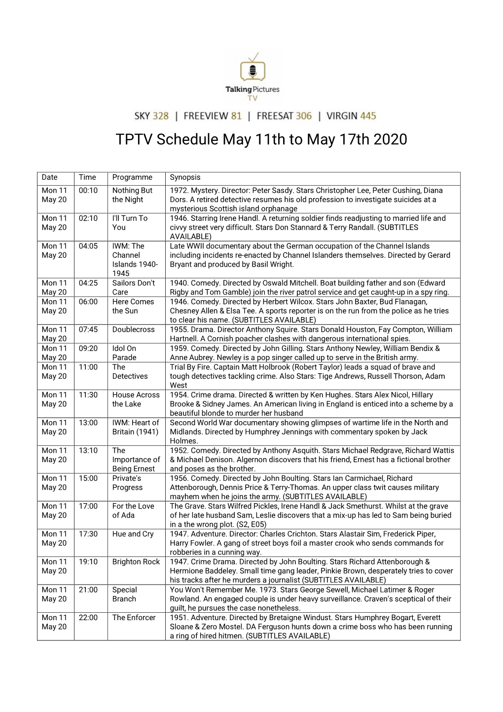 TPTV Schedule May 11Th to May 17Th 2020