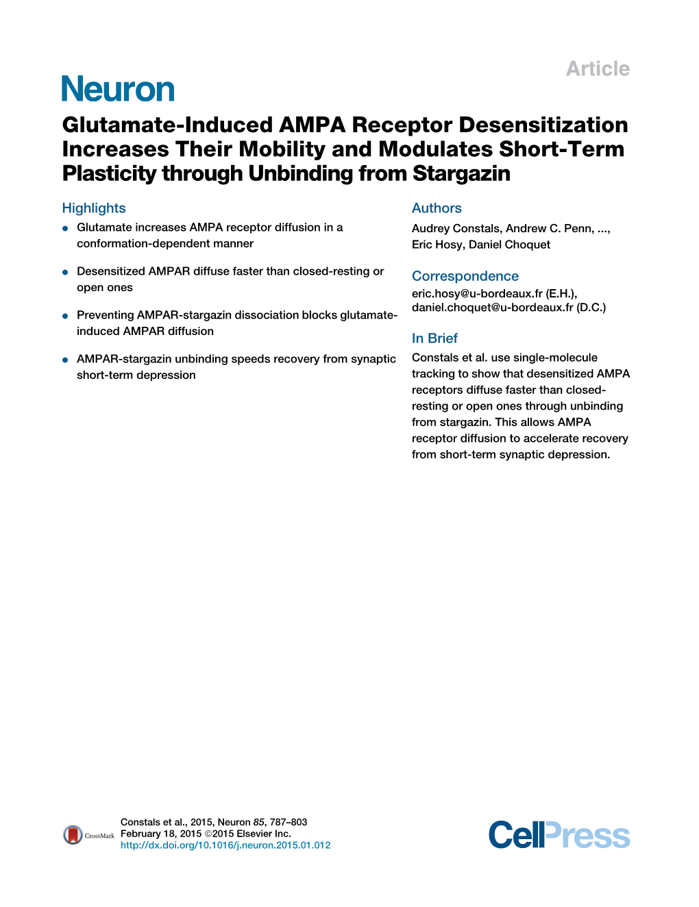 Glutamate-Induced AMPA Receptor Desensitization Increases Their Mobility and Modulates Short-Term Plasticity Through Unbinding from Stargazin