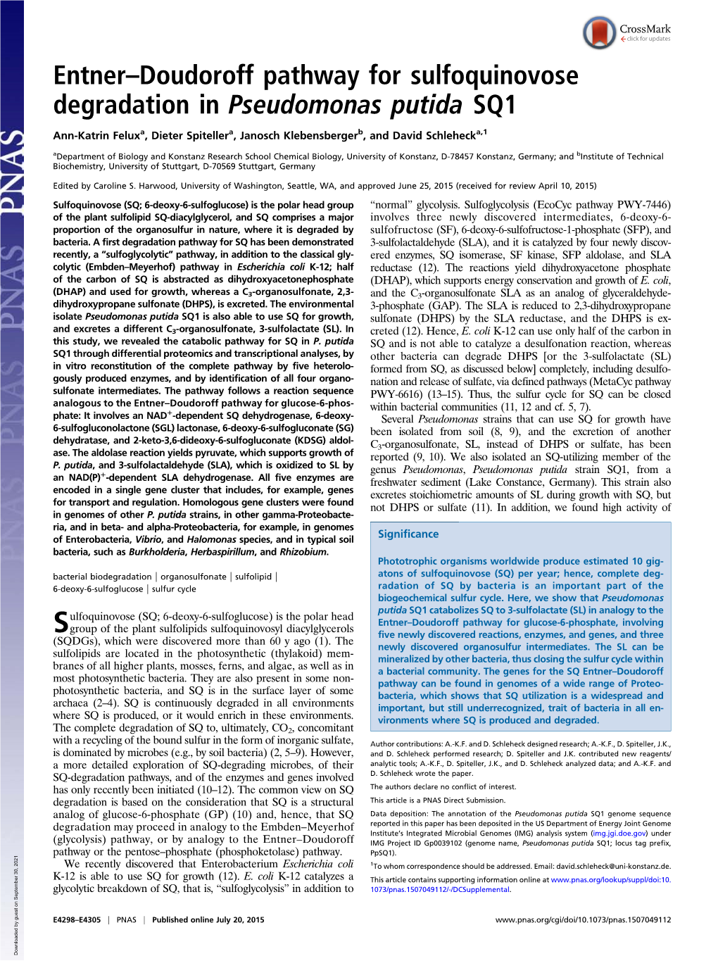 Entner–Doudoroff Pathway for Sulfoquinovose Degradation in Pseudomonas Putida SQ1