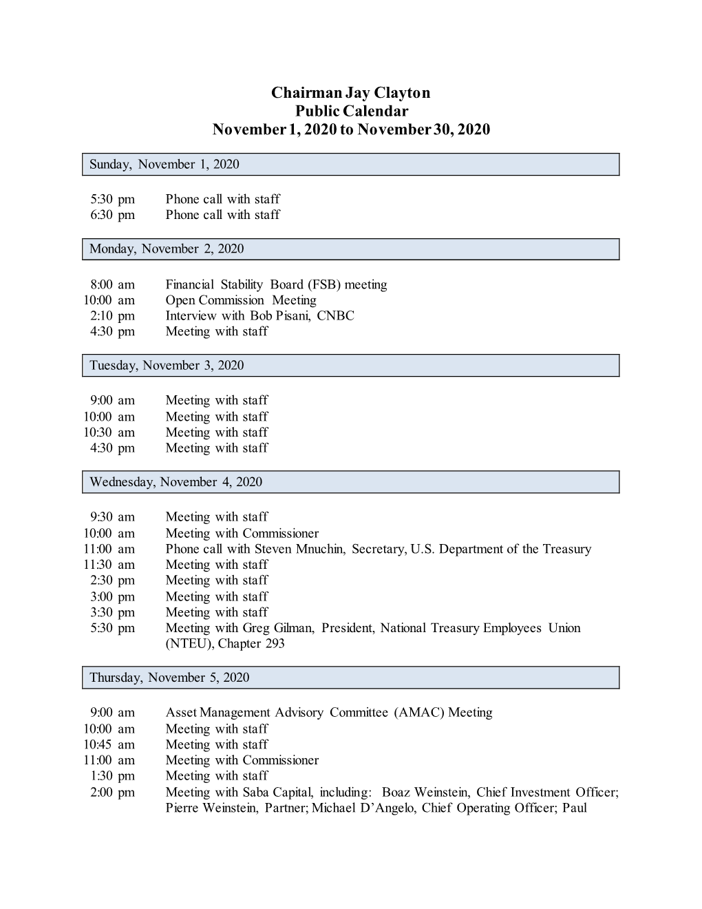 Chairman Jay Clayton, November 1, 2020 to November 30, 2020