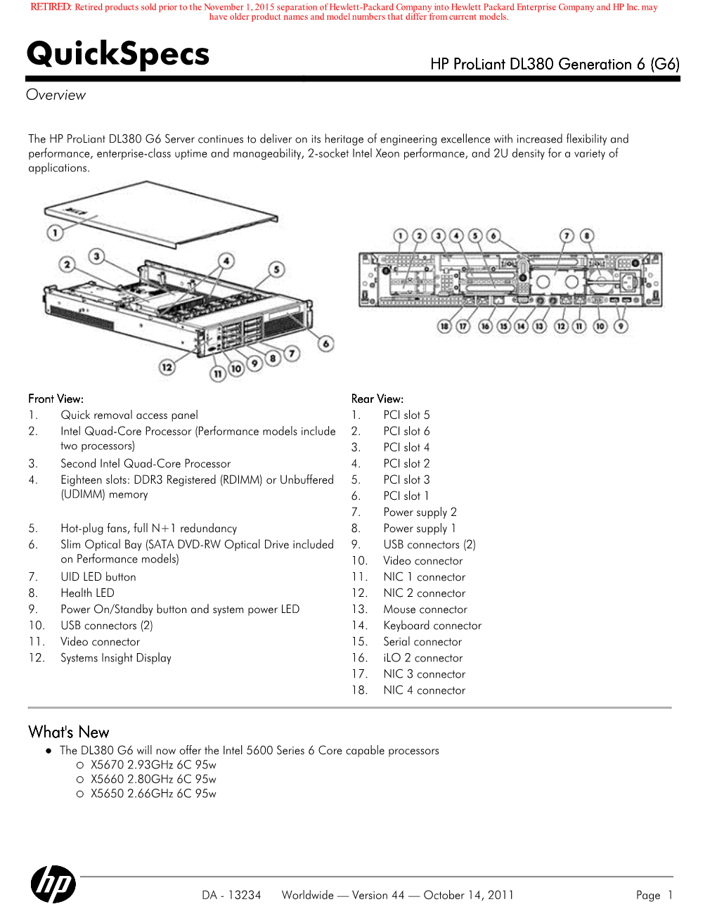 Quickspecs HP Proliant DL380 Generation 6 (G6) Overview