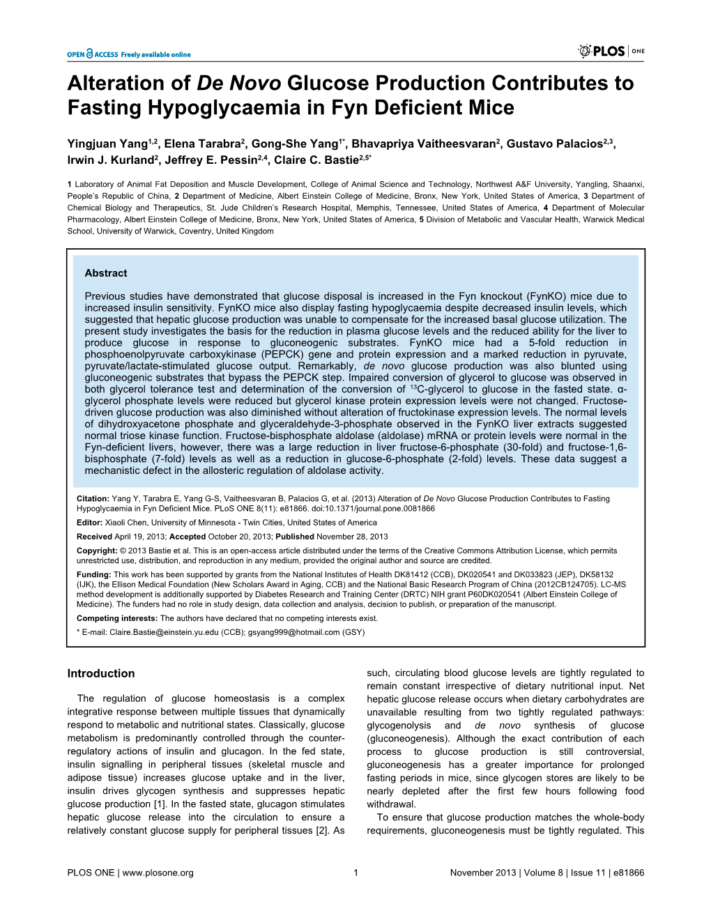 Alteration of De Novo Glucose Production Contributes to Fasting Hypoglycaemia in Fyn Deficient Mice