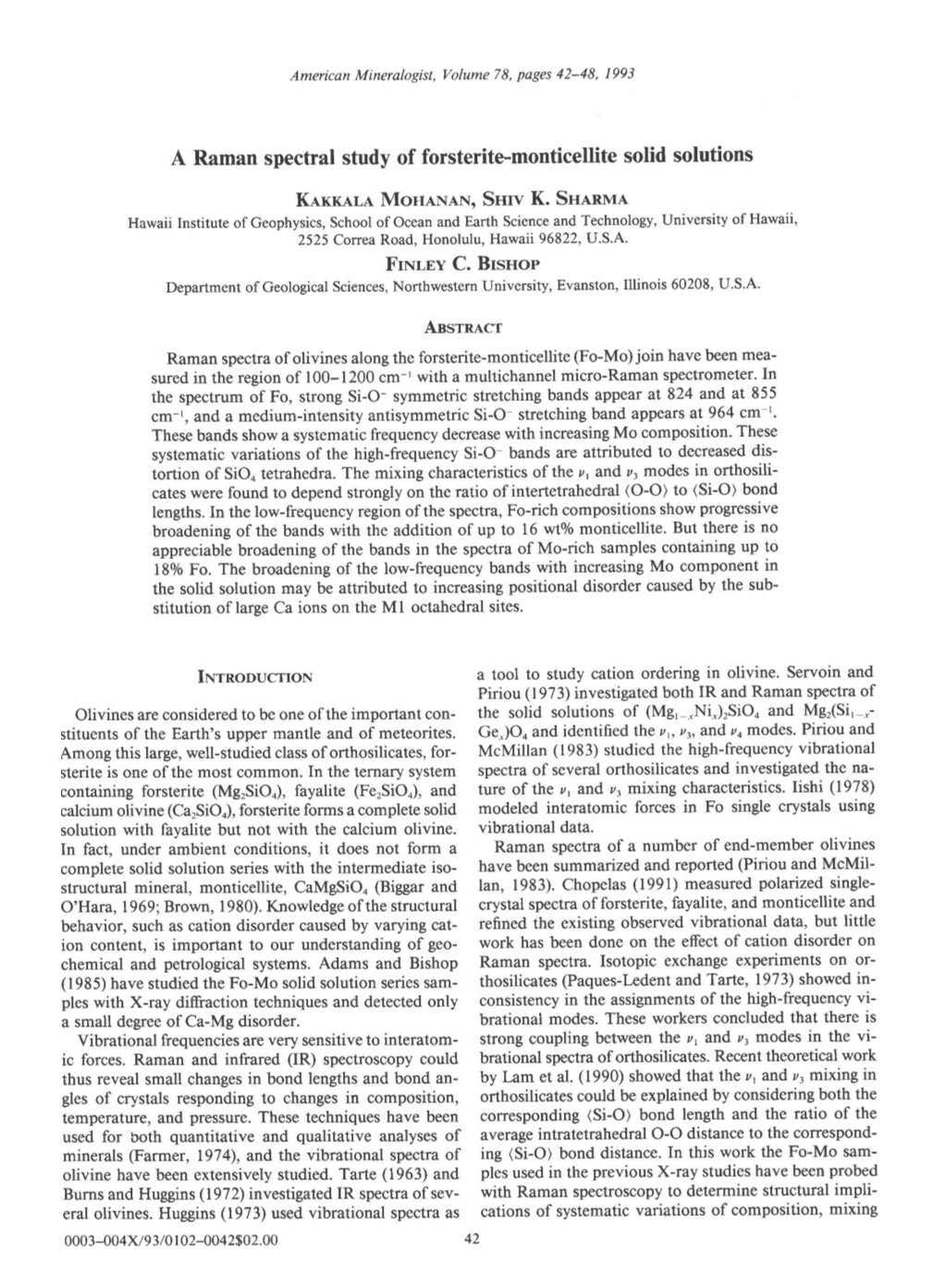 A Raman Spectral Study of Forsterite-Monticellite Solid Solutions