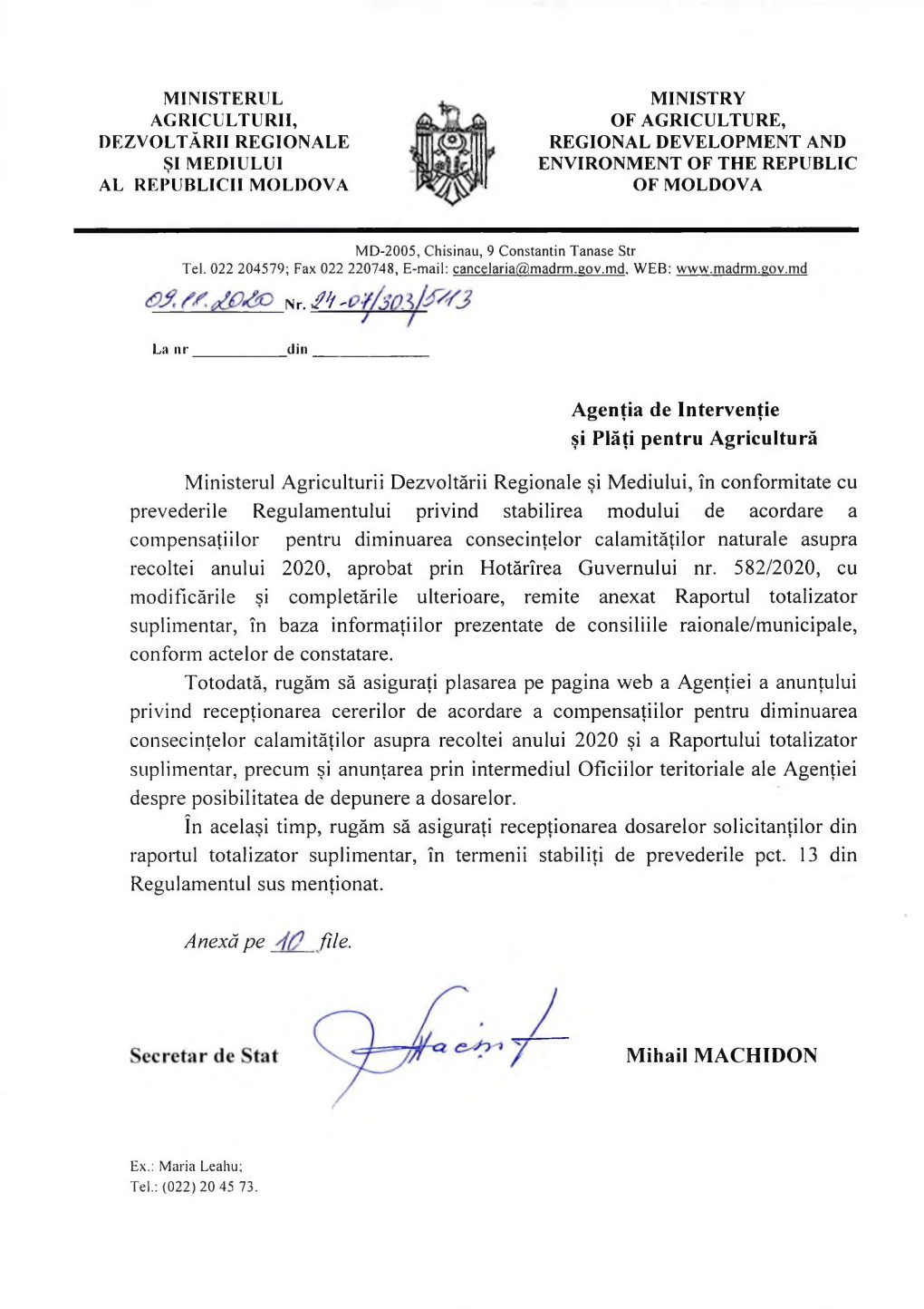 Ministry of Agriculture, Regional Development and Environment of the Republic of Moldova Ministerul Agriculturii, Dezvoltarii Re