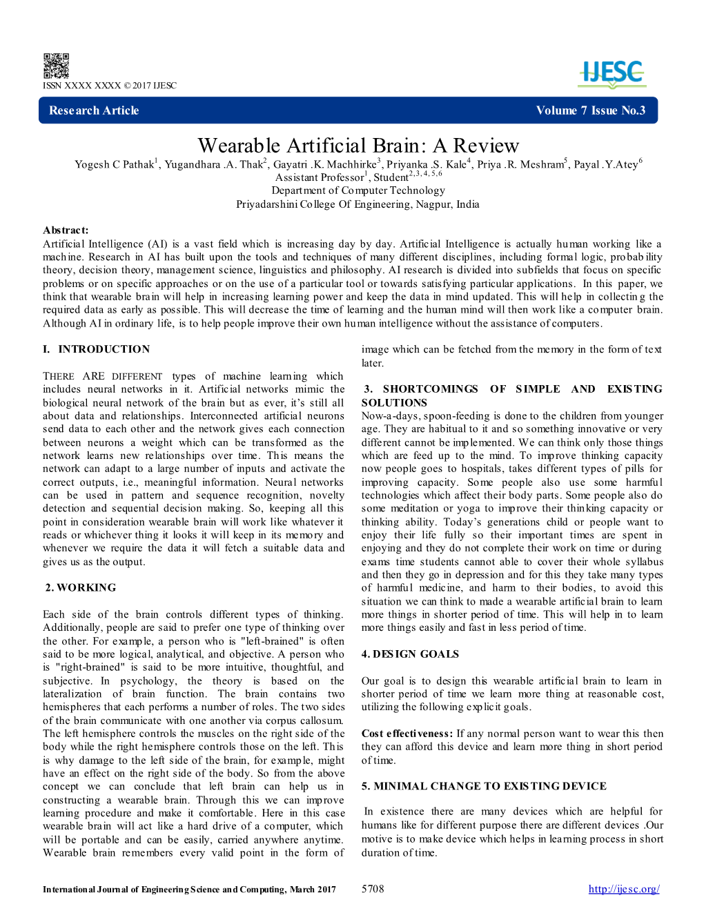 Wearable Artificial Brain: a Review Yogesh C Pathak1, Yugandhara .A