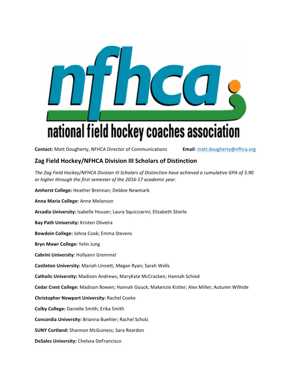 Zag Field Hockey/NFHCA Division III Scholars of Distinction