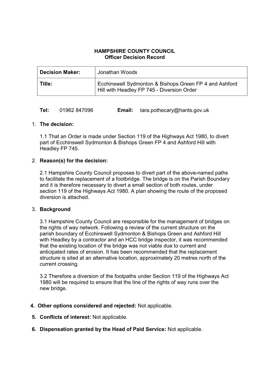 HAMPSHIRE COUNTY COUNCIL Officer Decision Record Decision