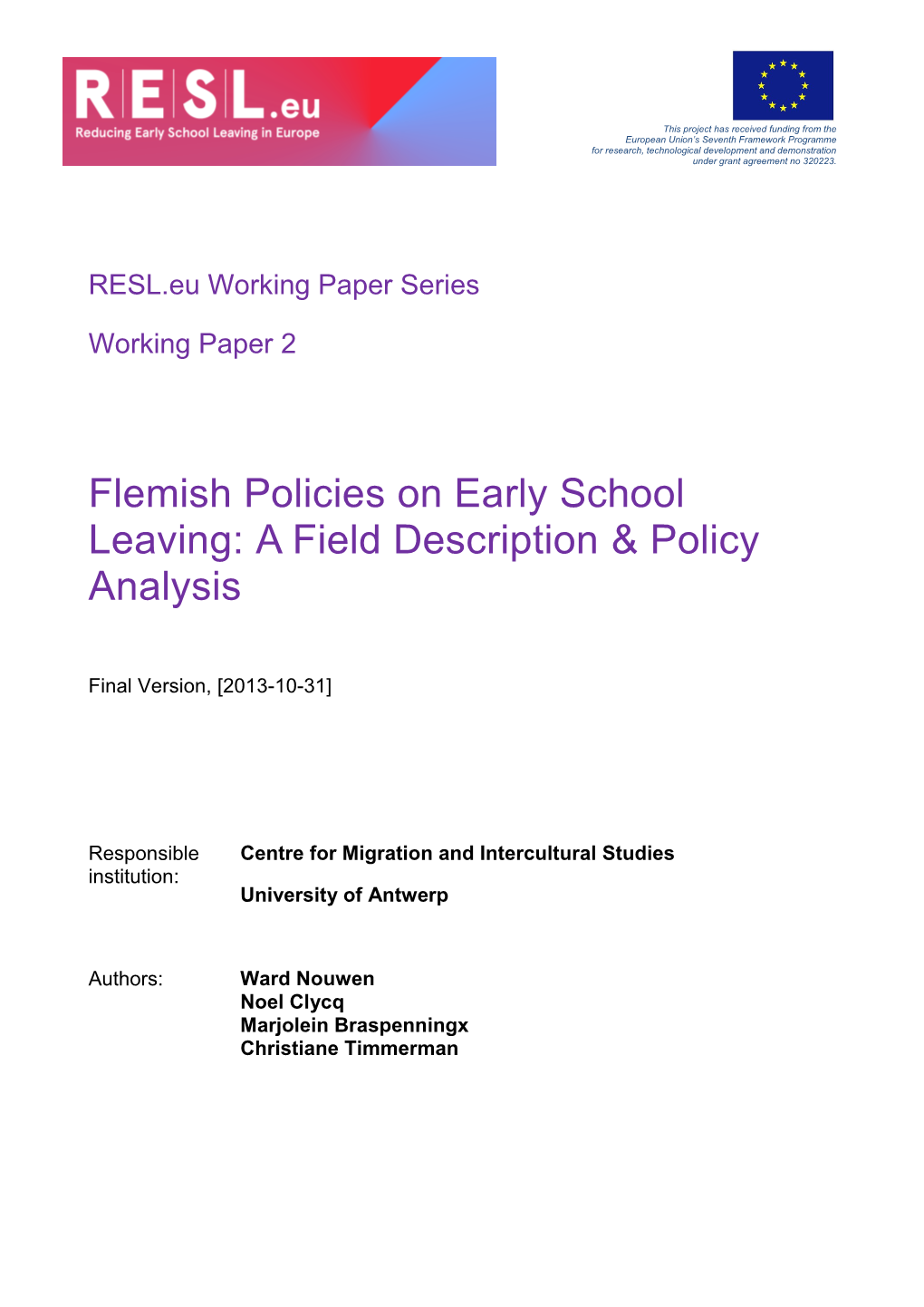 Flemish Policies on Early School Leaving: a Field Description & Policy Analysis