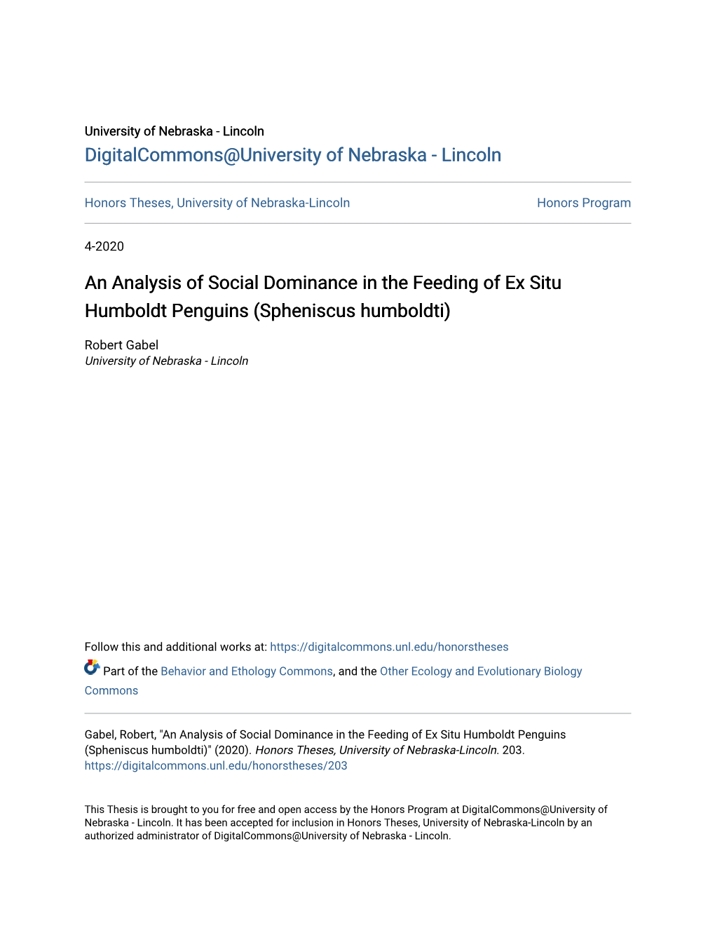 An Analysis of Social Dominance in the Feeding of Ex Situ Humboldt Penguins (Spheniscus Humboldti)