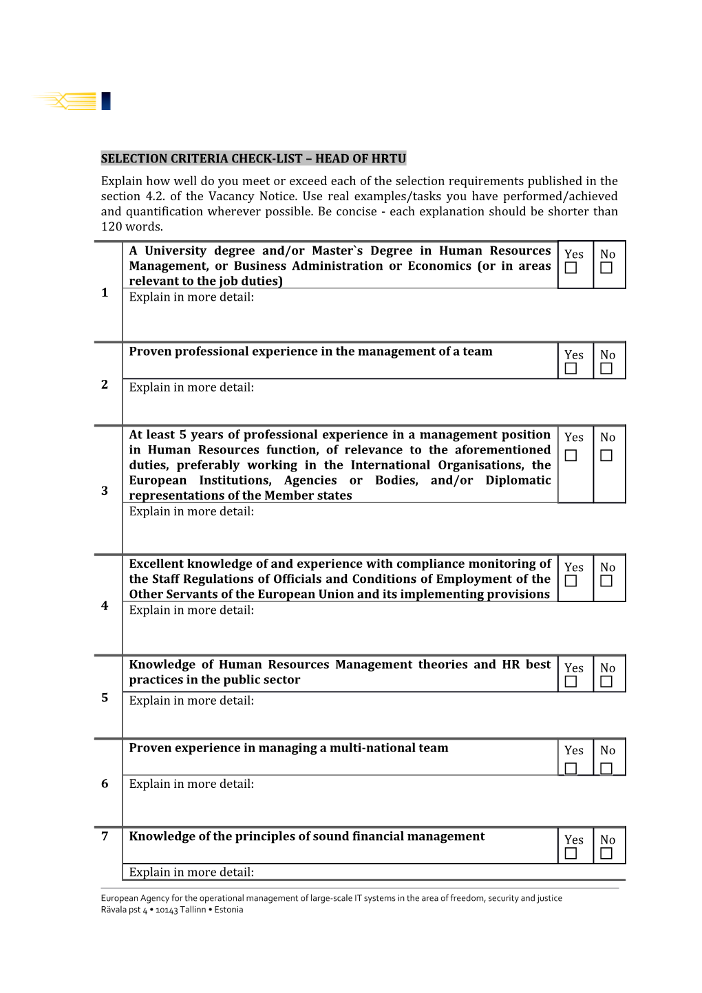 Selection Criteria Check-List Head of Hrtu