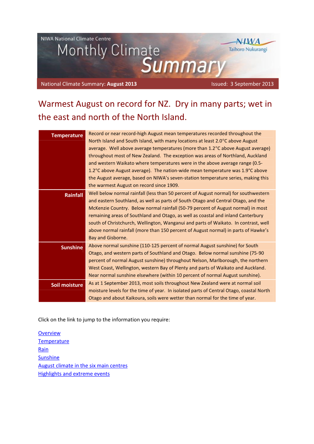 Full Details of the August 2013 Climate Summary