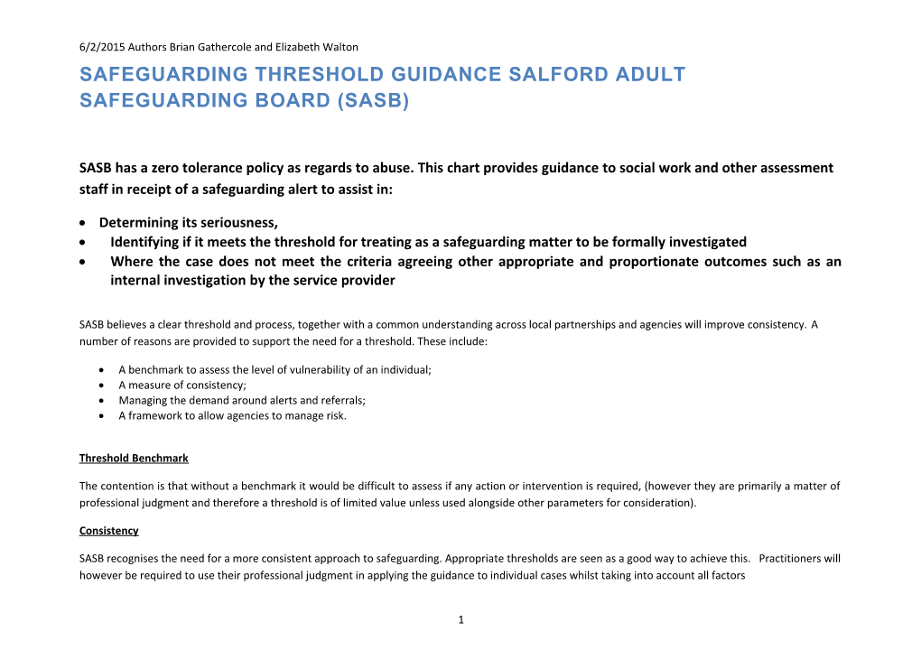 Safeguarding Threshold Guidance Salford Adult Safeguading Board (Sasb)