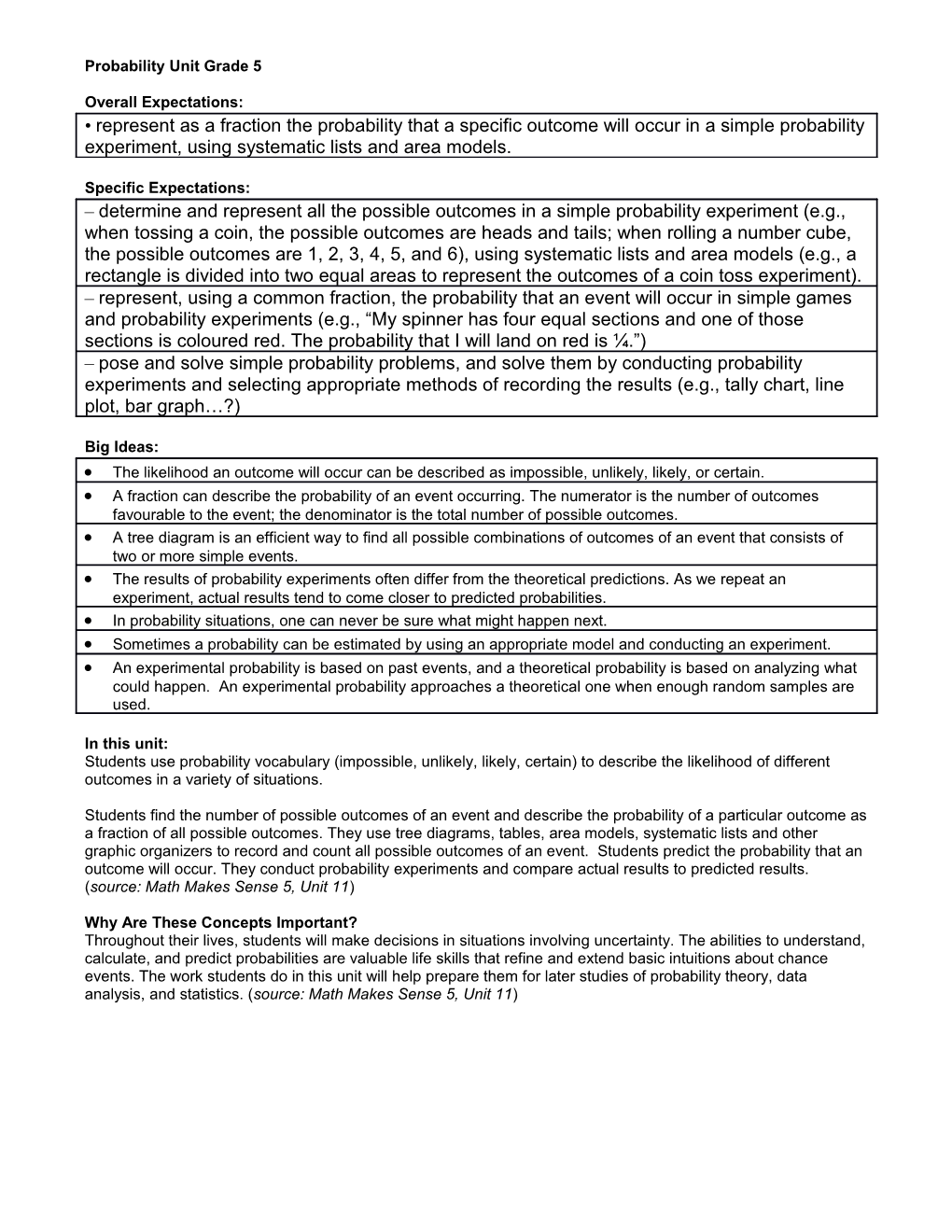 Probability Unit Grade 5