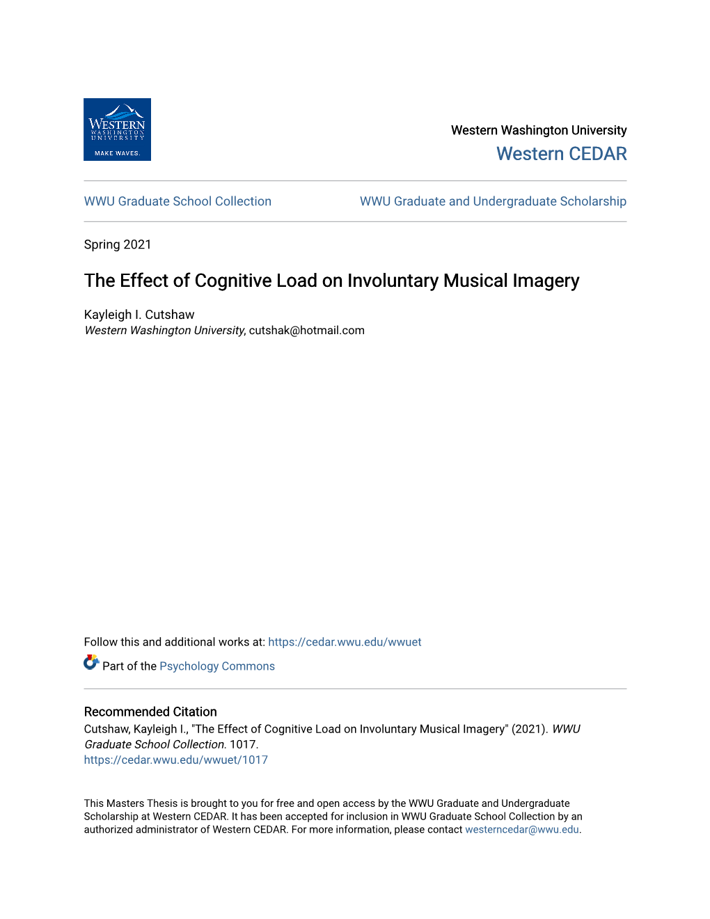 The Effect of Cognitive Load on Involuntary Musical Imagery