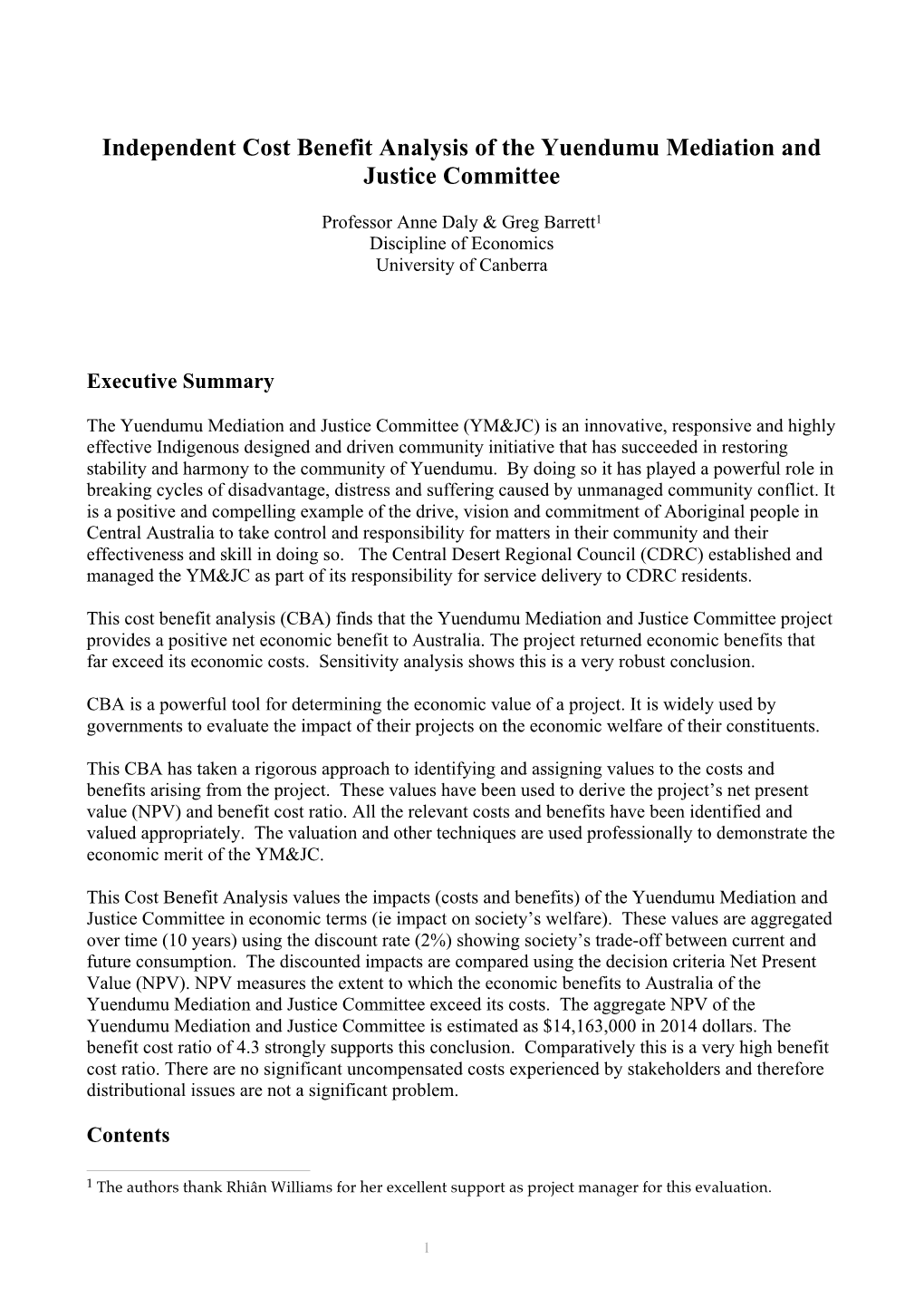 Independent Cost Benefit Analysis of the Yuendumu Mediation and Justice Committee