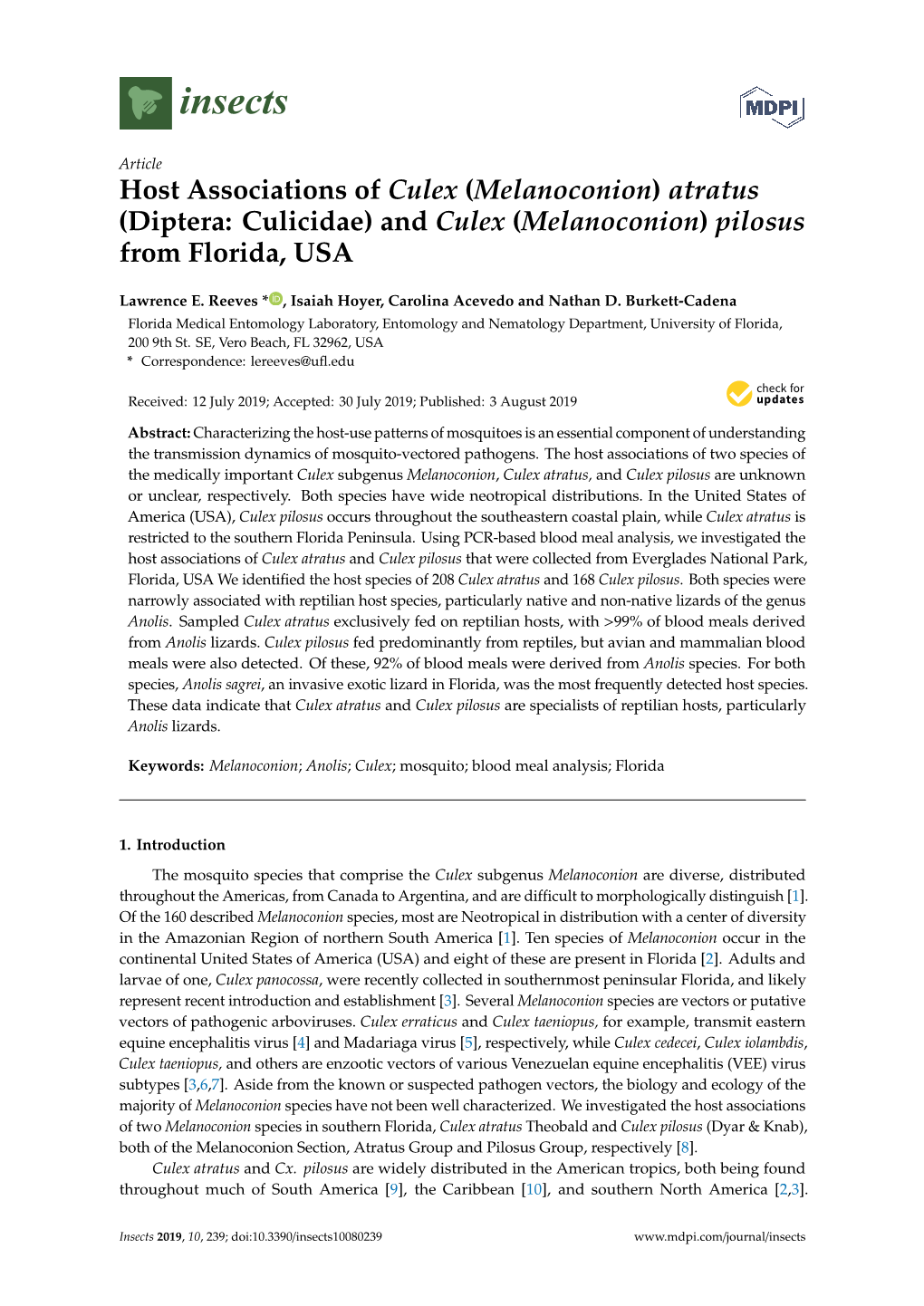 (Diptera: Culicidae) and Culex (Melanoconion) Pilosus from Florida, USA