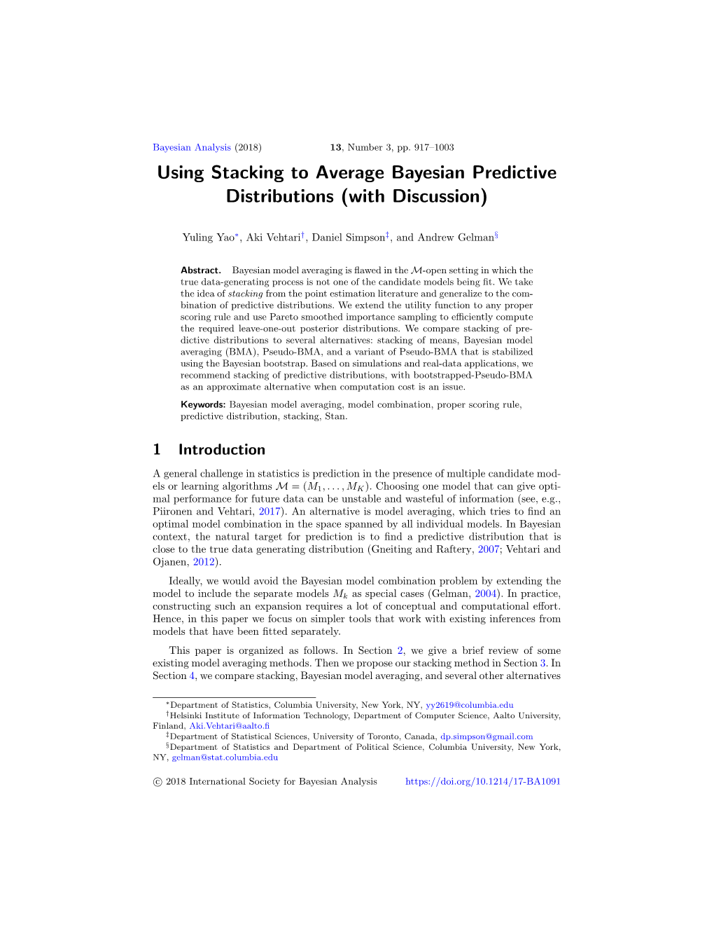 Using Stacking to Average Bayesian Predictive Distributions (With Discussion)