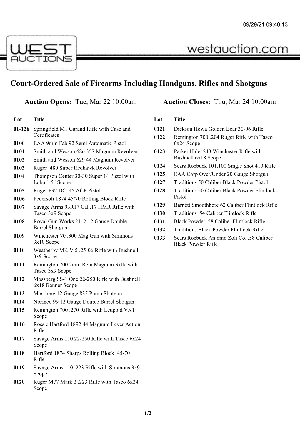 Court-Ordered Sale of Firearms Including Handguns, Rifles and Shotguns