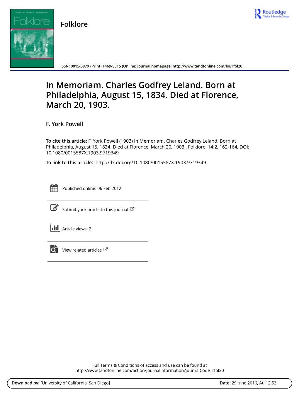 In Memoriam. Charles Godfrey Leland. Born at Philadelphia, August 15, 1834