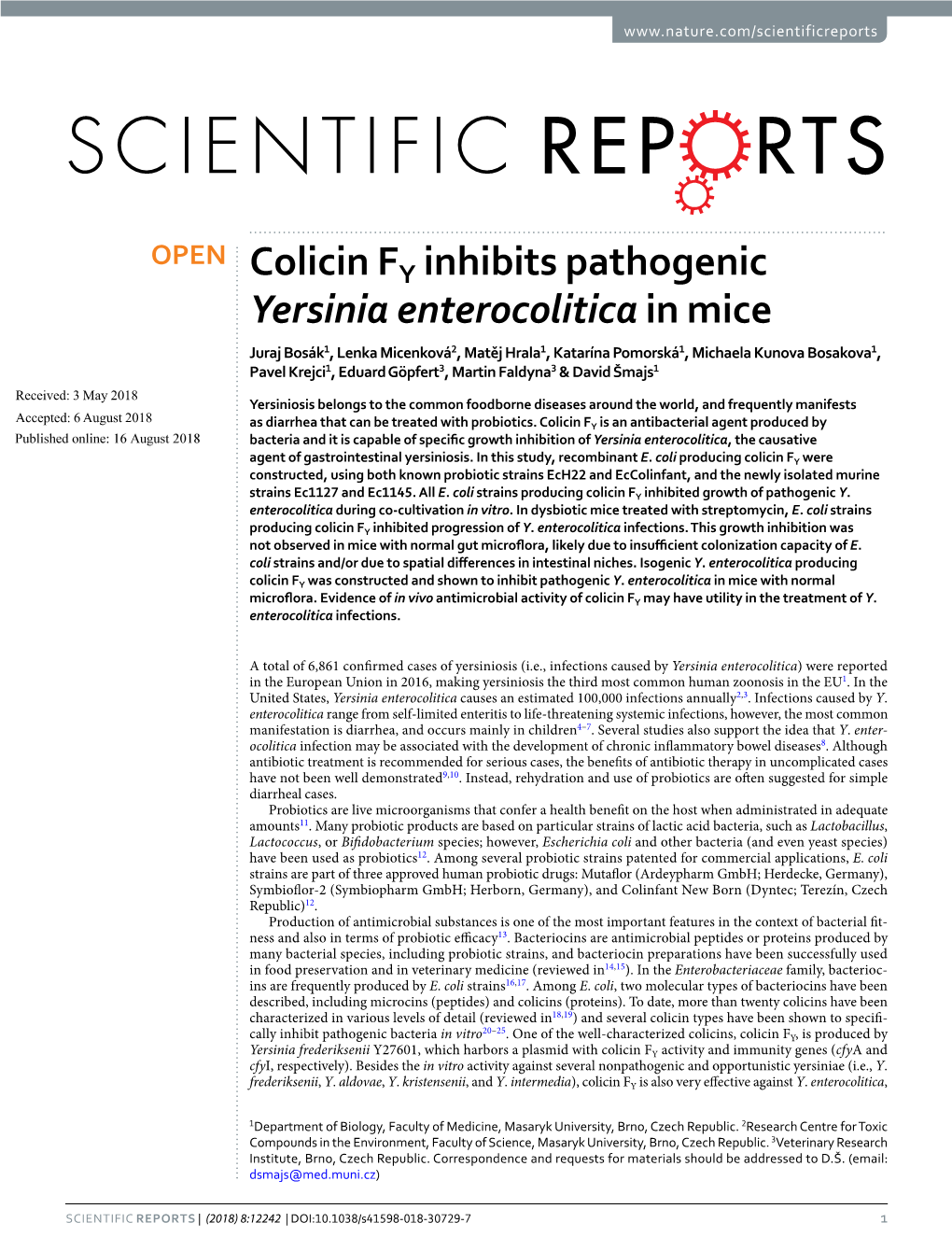 Colicin FY Inhibits Pathogenic Yersinia Enterocolitica in Mice