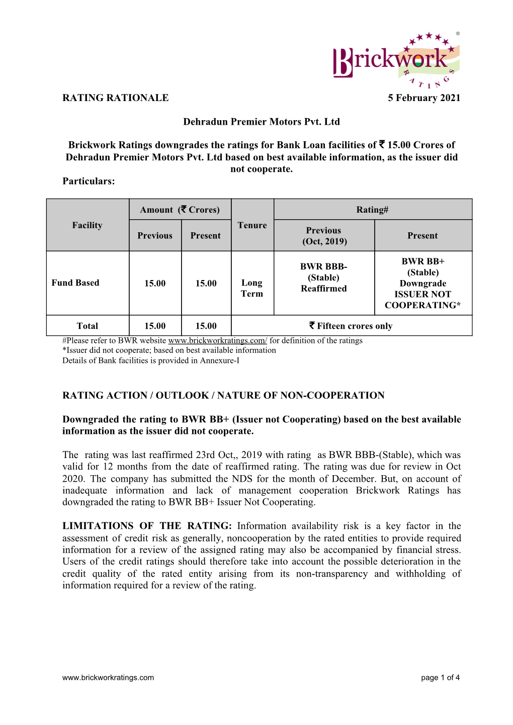RATING RATIONALE 5 February 2021 Dehradun Premier Motors Pvt. Ltd