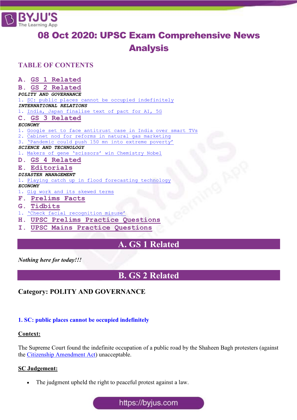 UPSC Exam Comprehensive News Analysis A. GS 1 Related B. GS 2