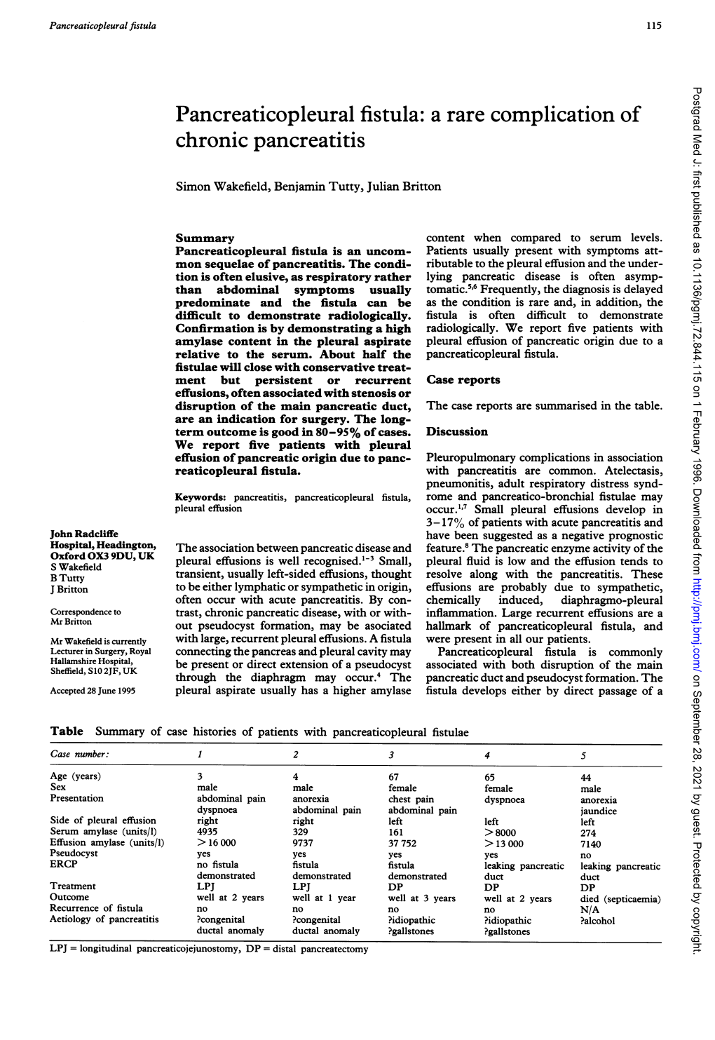 Pancreaticopleural Fistula: a Rare Complication of Chronic Pancreatitis