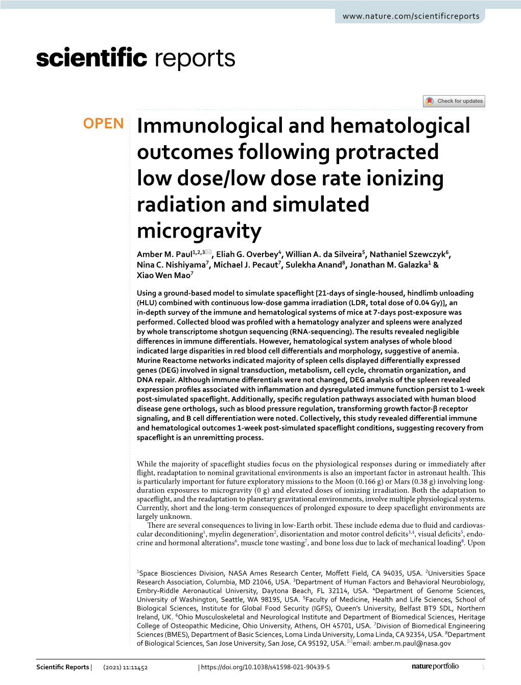 Immunological and Hematological Outcomes Following Protracted Low Dose/Low Dose Rate Ionizing Radiation and Simulated Microgravity Amber M