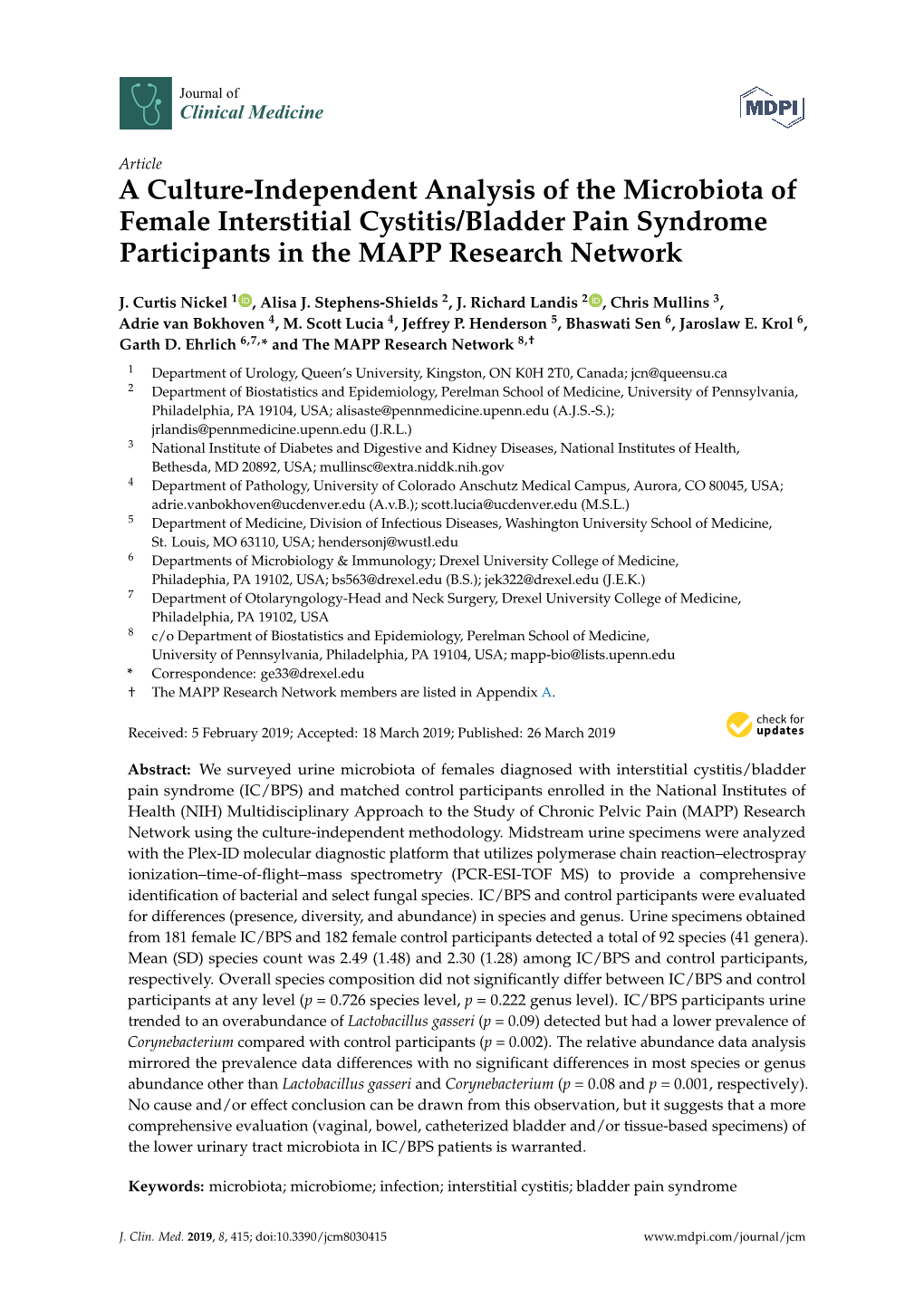 A Culture-Independent Analysis of the Microbiota of Female Interstitial Cystitis/Bladder Pain Syndrome Participants in the MAPP Research Network