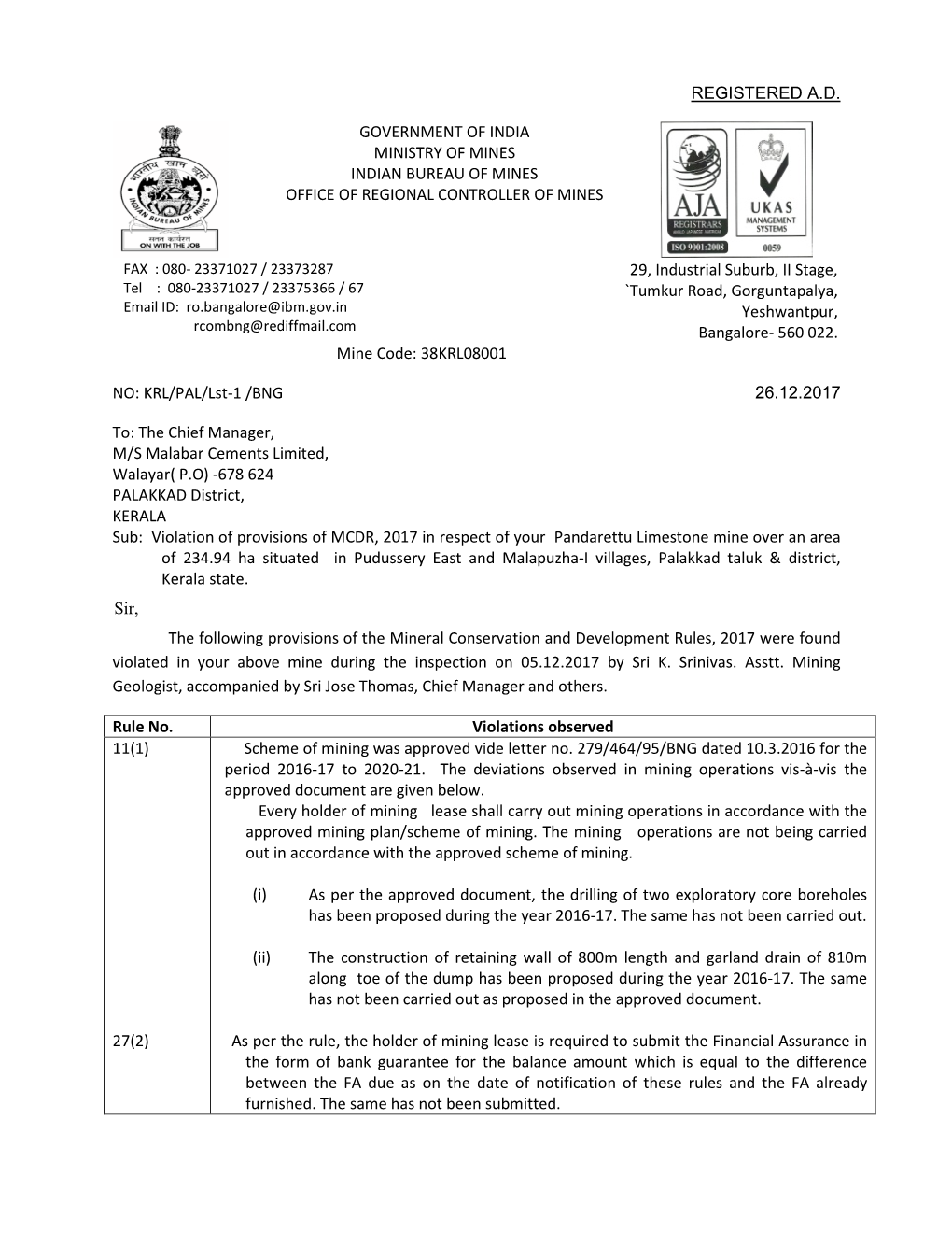 Registered A.D. Government of India Ministry of Mines