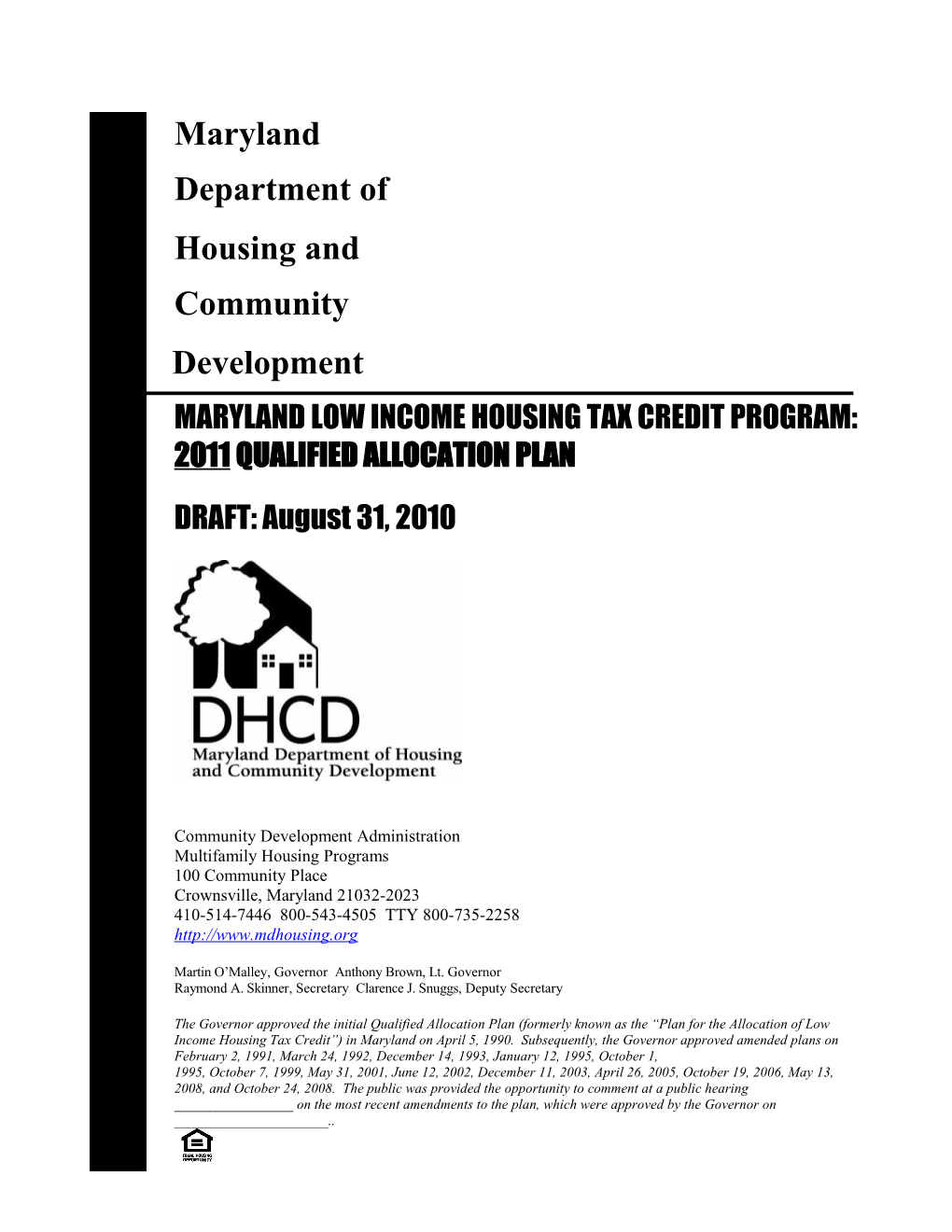 Maryland Low Income Housing Tax Credit Program: 2011 Qualified Allocation Plan