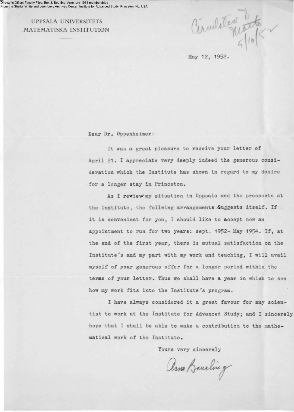 Dear Dr. Oppenheimer: May 12 J 1952. It Was a Great Pleasure To