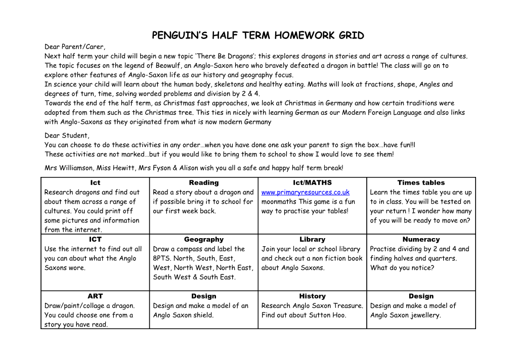 Penguin S Half Term Homework Grid